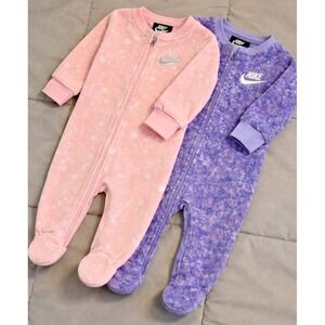 Nike Baby Girl Fleece Footed Sleeper Bundle Pink Purple Zip 6M 2 Pc Set